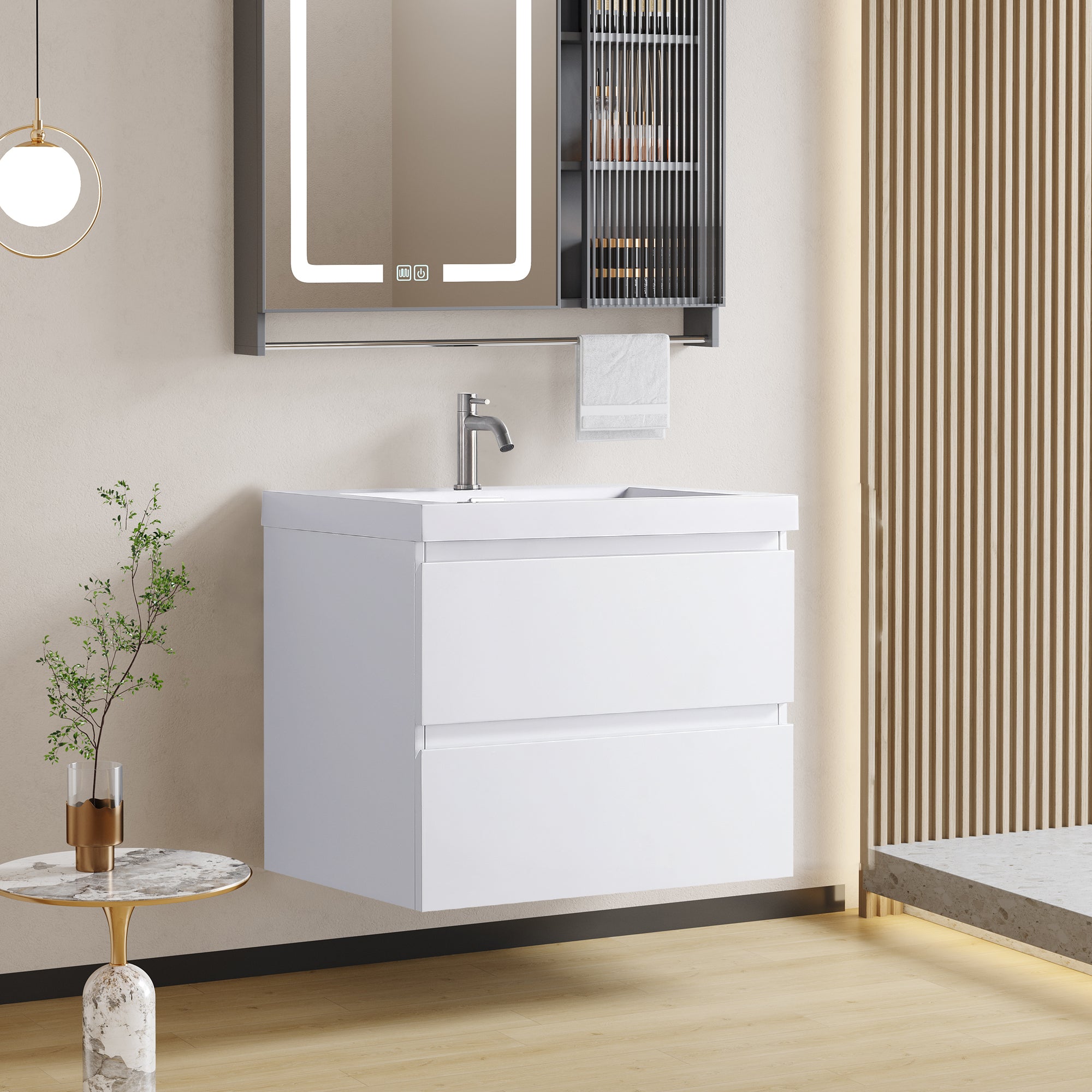 Compact 24-Inch Floating Vanity in Gloss White with Sink & Storage Drawers