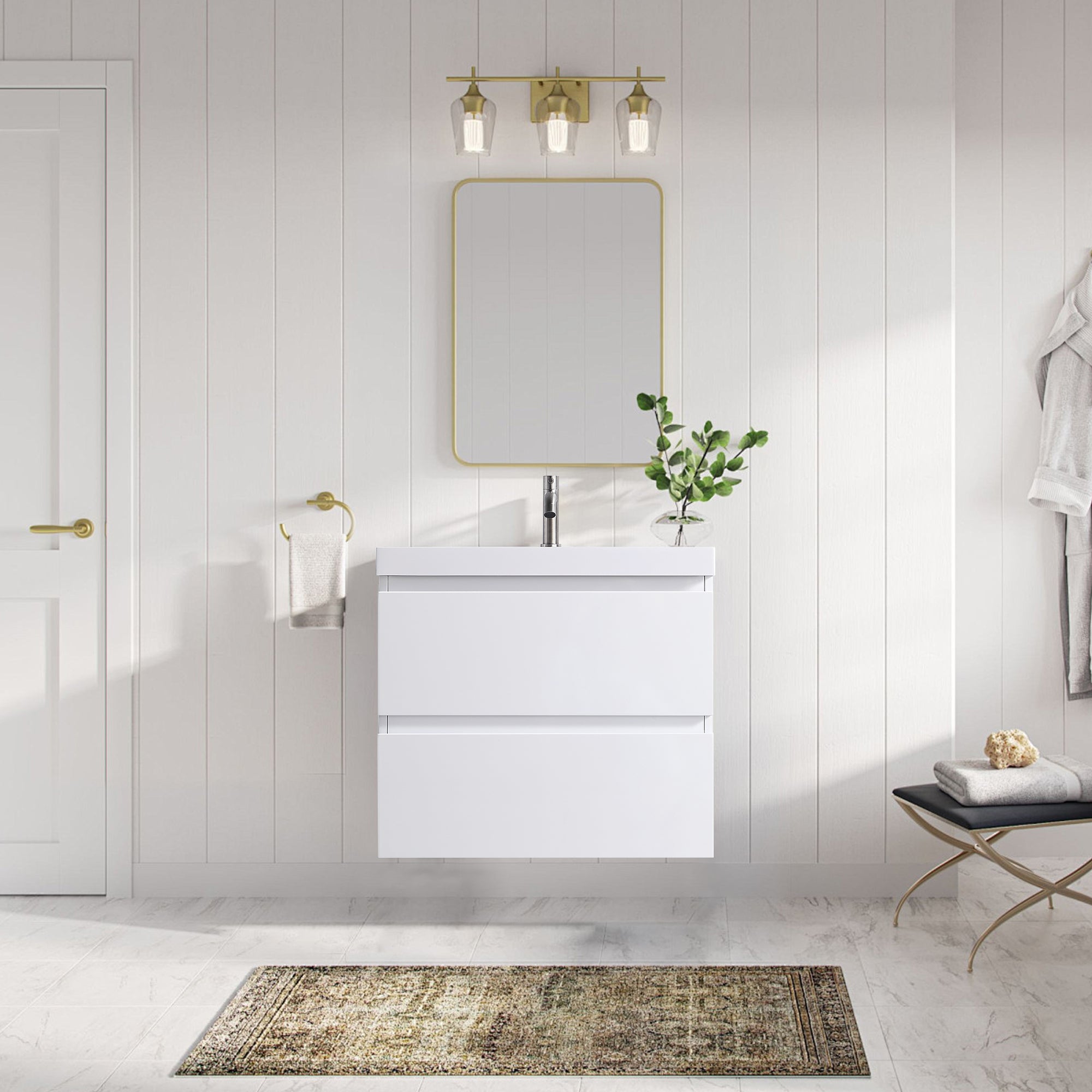 Compact 24-Inch Floating Vanity in Gloss White with Sink & Storage Drawers