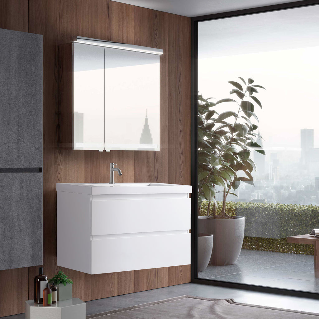 Minimalist 30-Inch Floating Vanity in Gloss White with Dual Storage Drawers