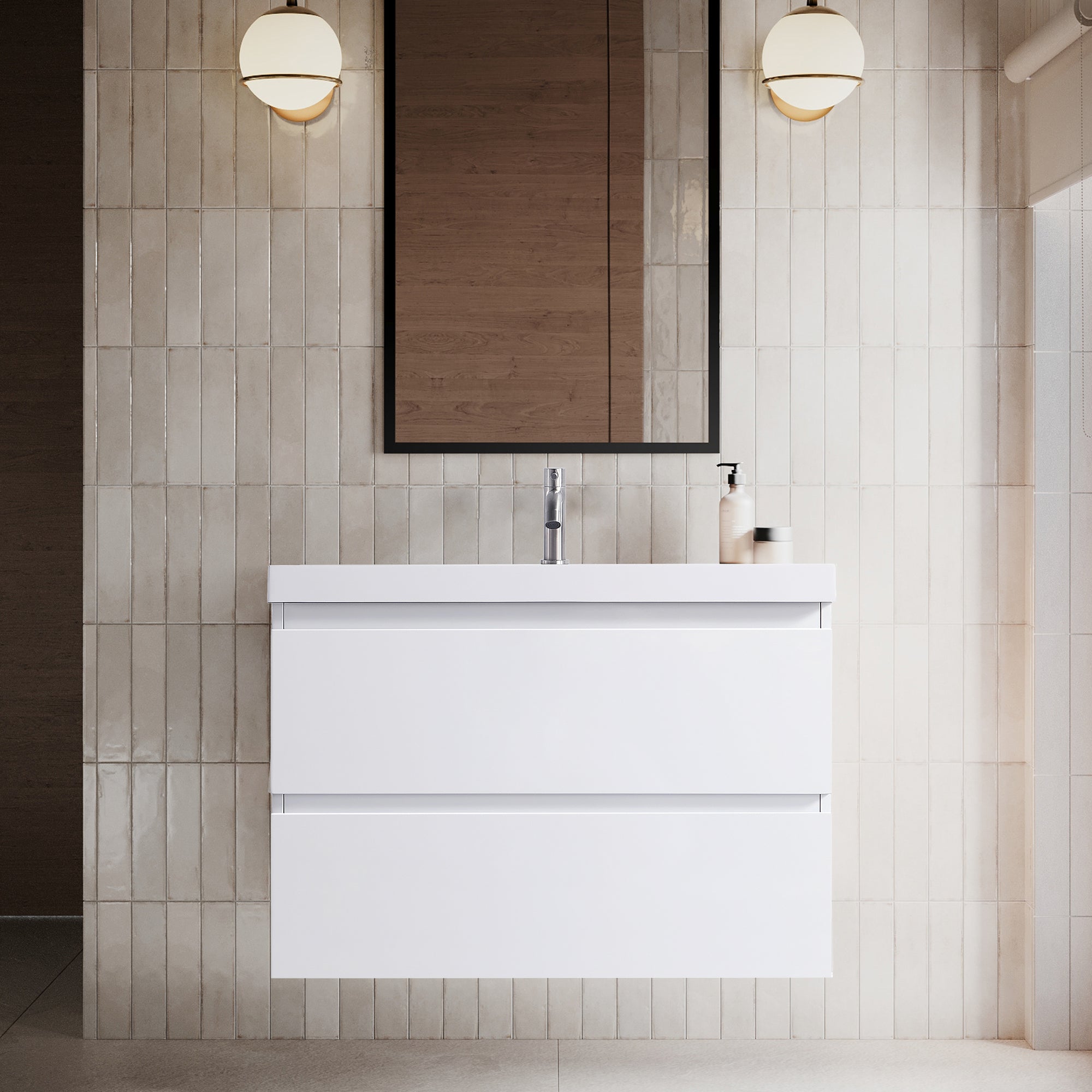 Minimalist 30-Inch Floating Vanity in Gloss White with Dual Storage Drawers