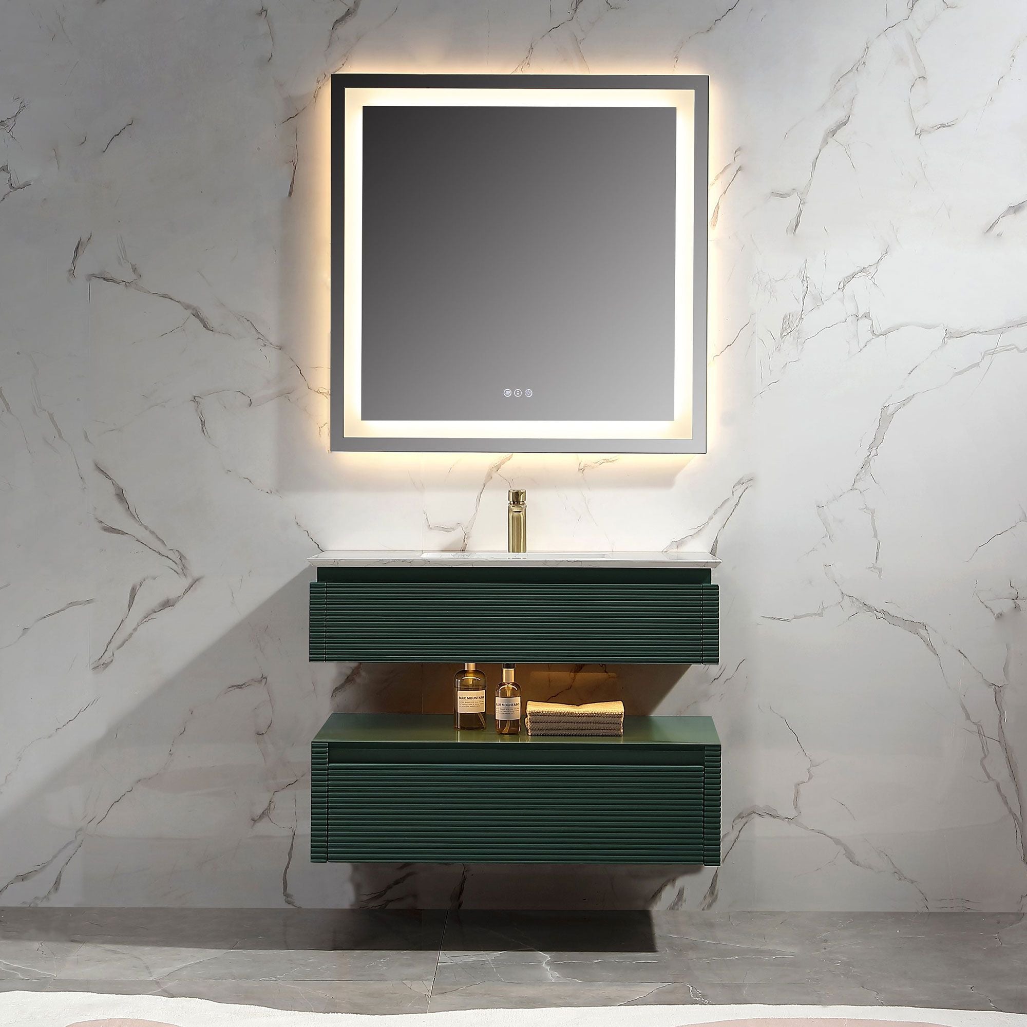 36-Inch Deep Green Floating Vanity with LED Mirror and Stone Top