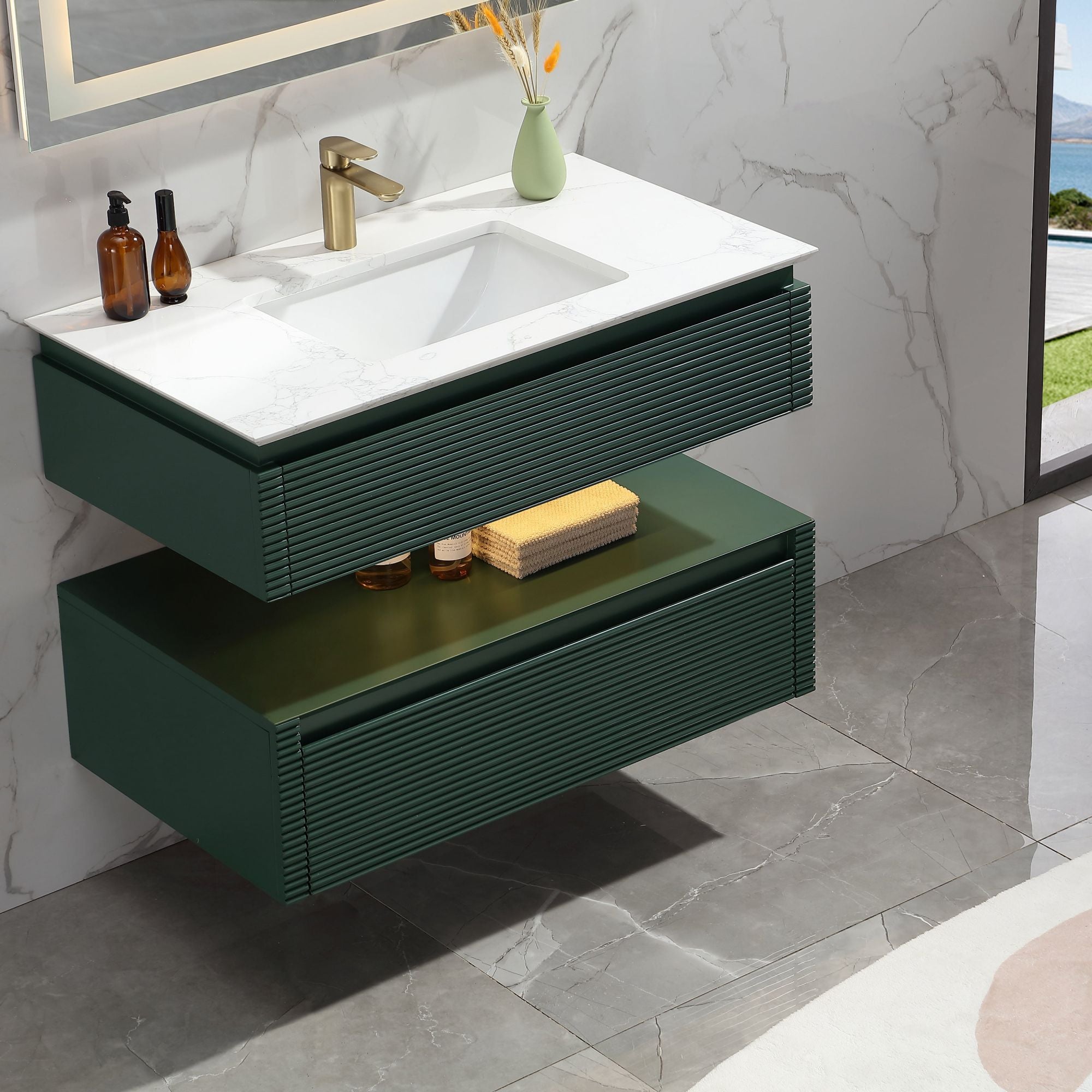 36-Inch Deep Green Floating Vanity with LED Mirror and Stone Top