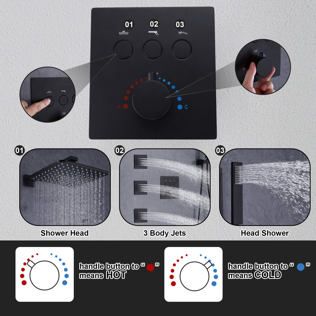 Thermostatic Shower System with 3 Body Jets and Button Control
