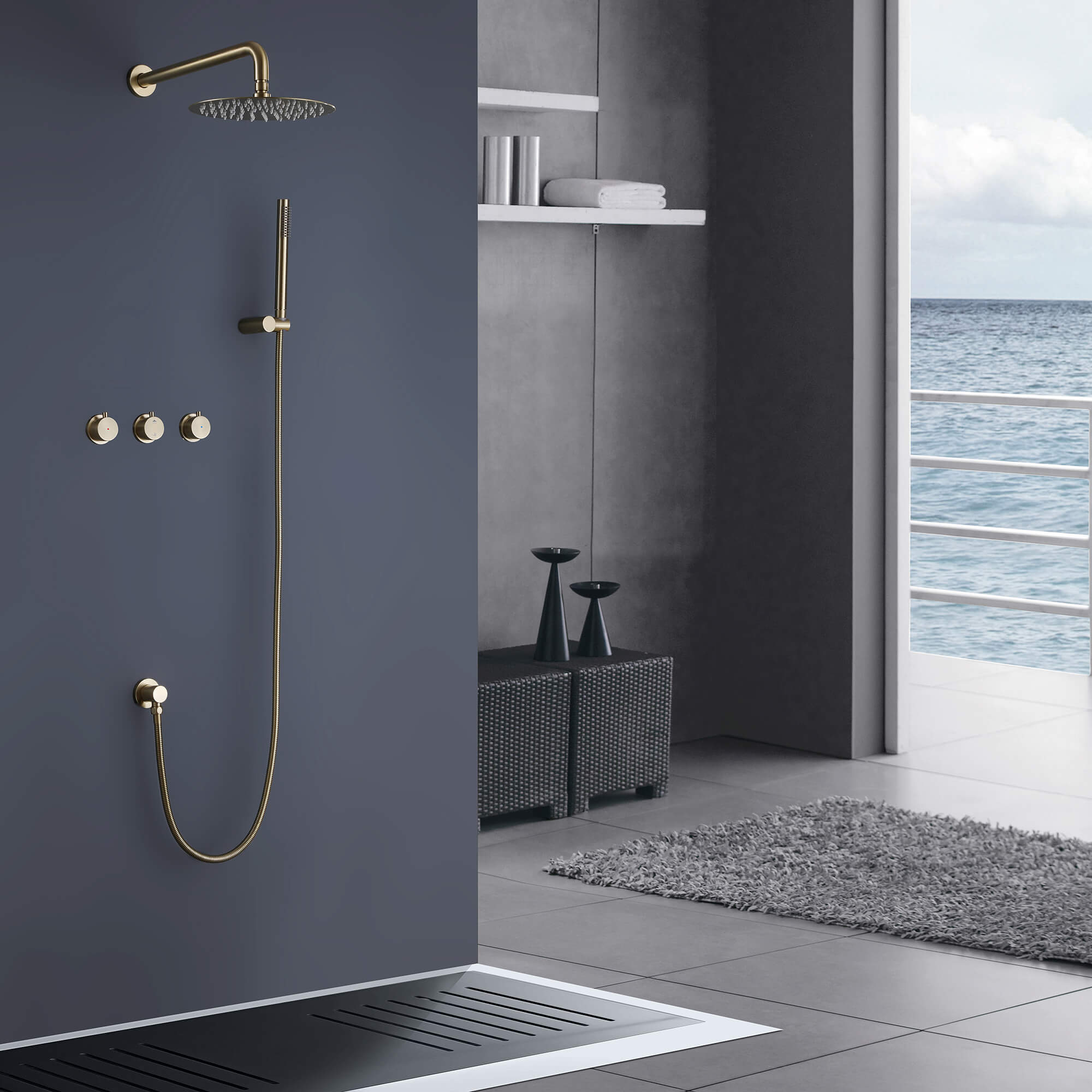 Triple Handle Wall-Mounted Shower with Rain and Handheld