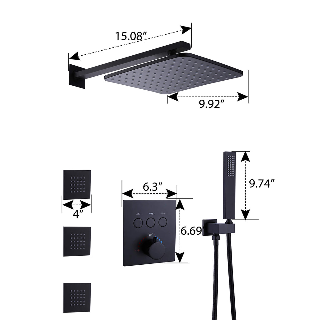 Thermostatic Shower System with 3 Body Jets and Button Control