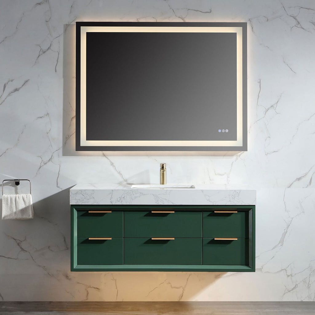 Green Rubberwood 48-Inch Vanity with Stone Slab and LED Mirror