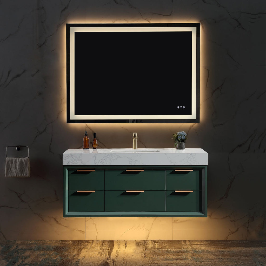 Green Rubberwood 48-Inch Vanity with Stone Slab and LED Mirror