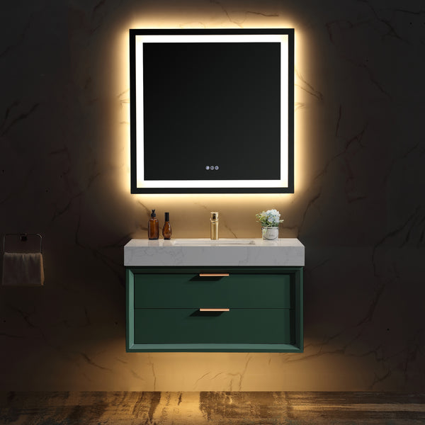 36-Inch Green Vanity with Stone Slab Counter and LED Mirror