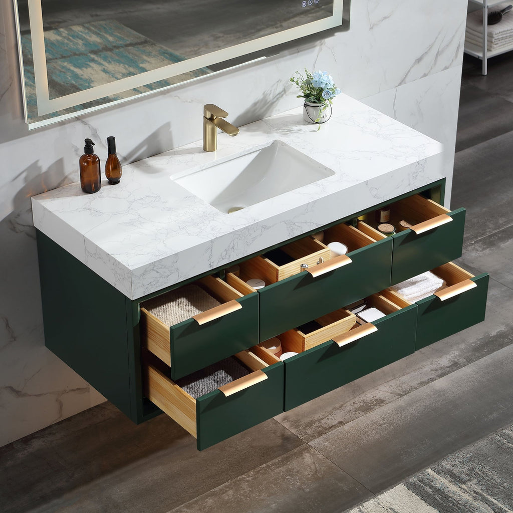 Green Rubberwood 48-Inch Vanity with Stone Slab and LED Mirror