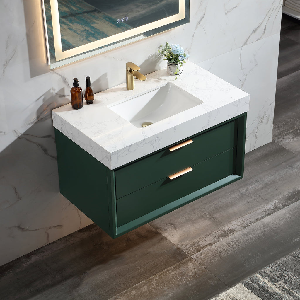 36-Inch Green Vanity with Stone Slab Counter and LED Mirror