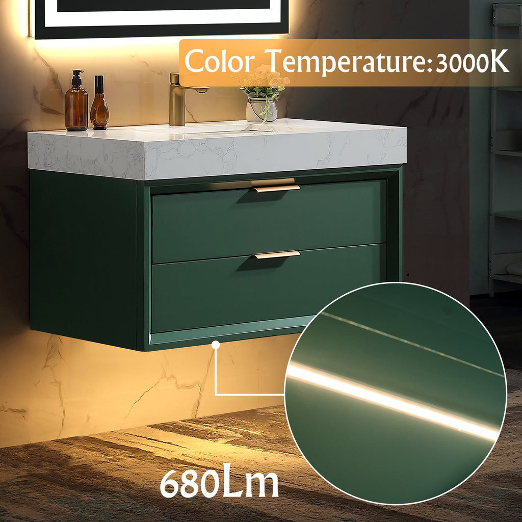 36-Inch Green Vanity with Stone Slab Counter and LED Mirror