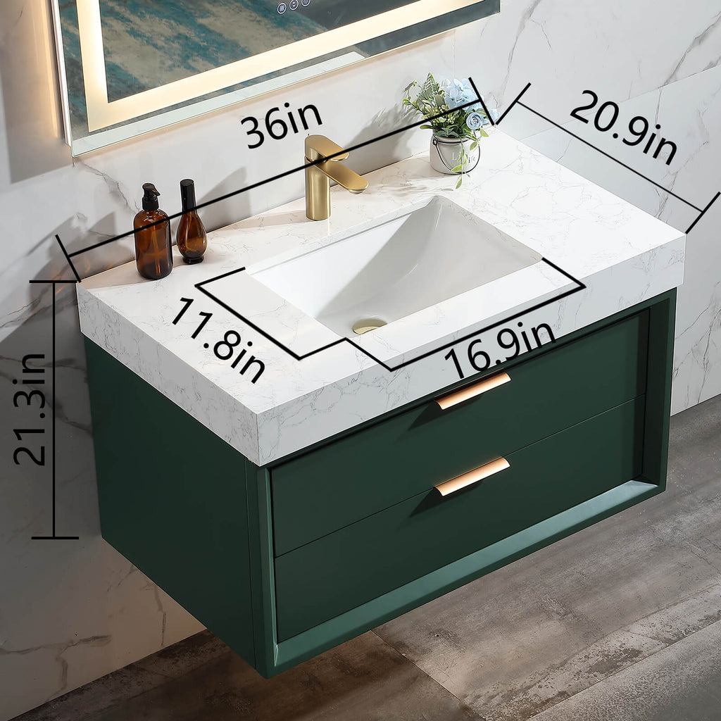 36-Inch Green Vanity with Stone Slab Counter and LED Mirror