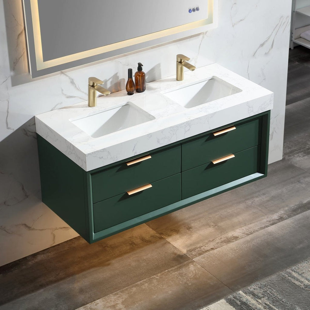 Elegant 48-Inch Green Vanity with Dual Sinks and Stone Counter
