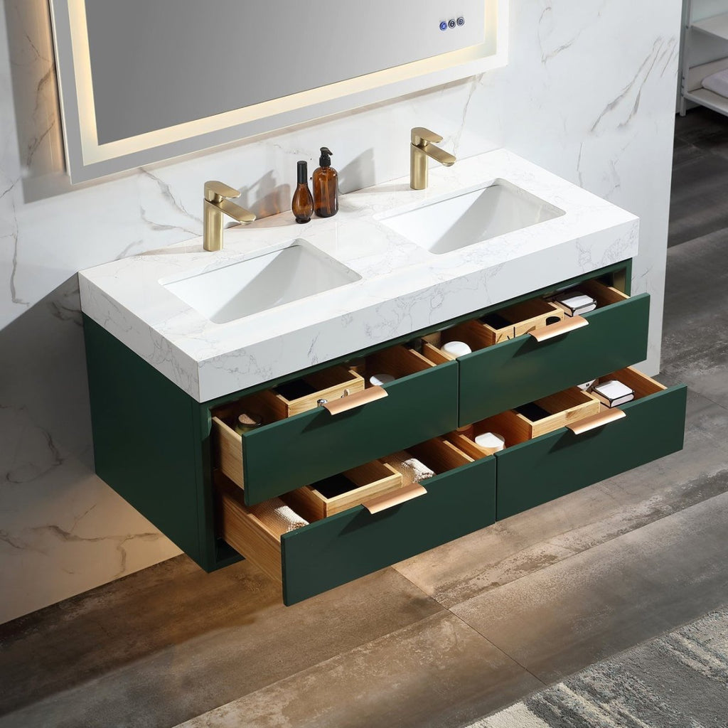 Elegant 48-Inch Green Vanity with Dual Sinks and Stone Counter