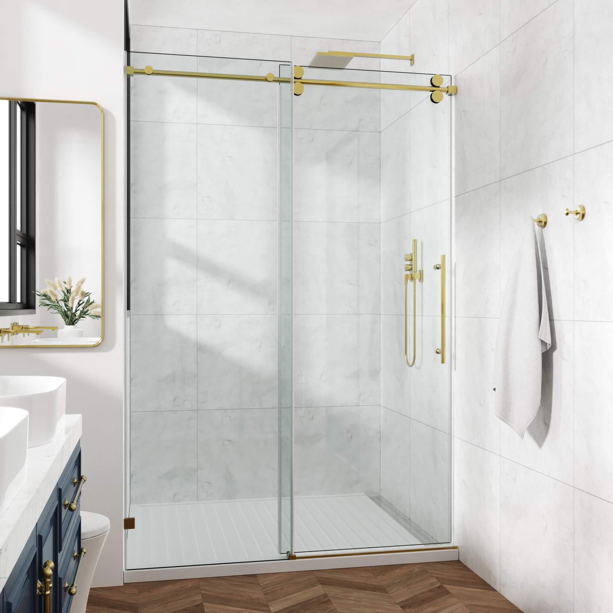 Frameless Glass Shower Door 54 x 76 Inch Sliding Shower Door 10 mm SGCC Tempered Glass with Handle and Seal Strips No Leak Design