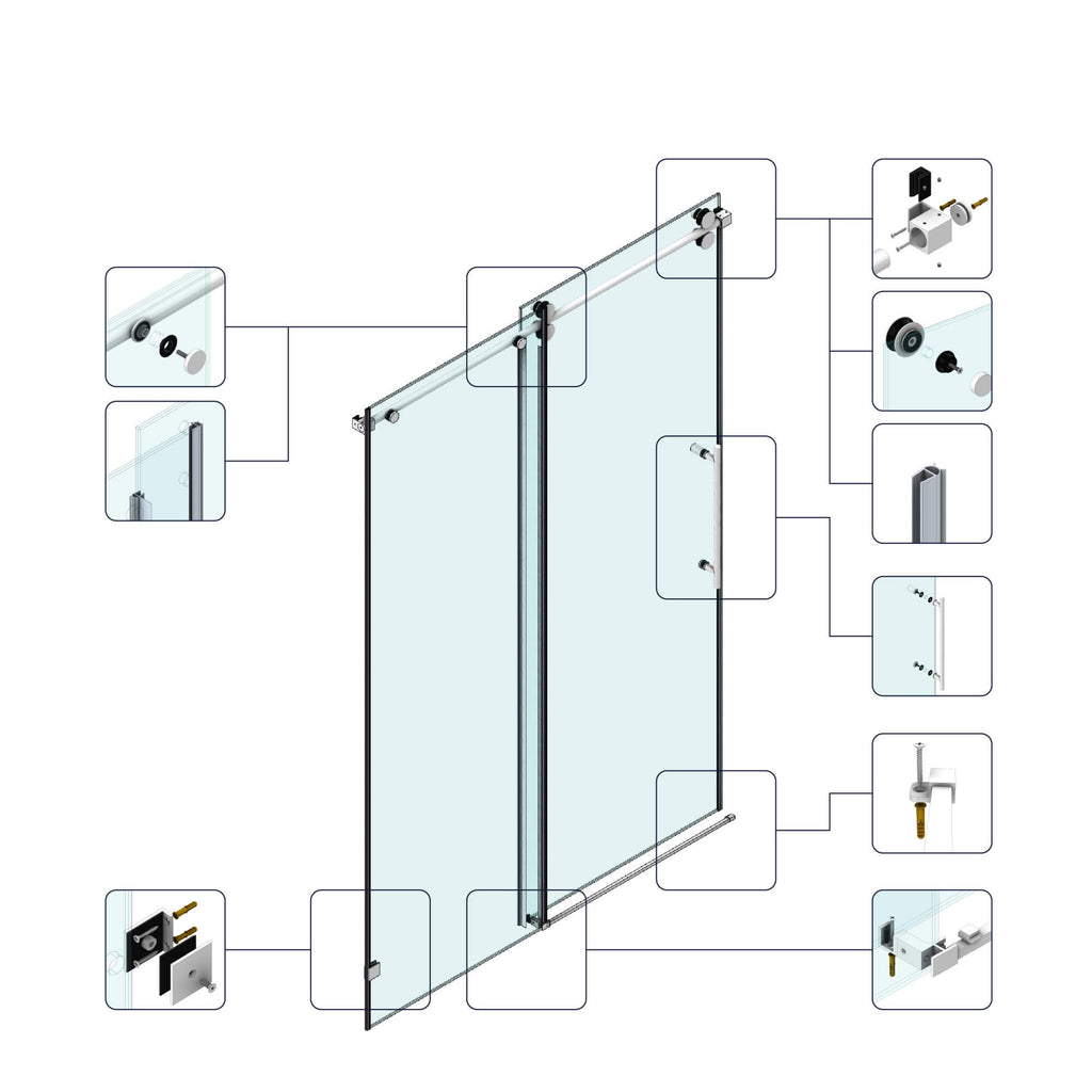 Frameless Glass Shower Door 54 x 76 Inch Sliding Shower Door 10 mm SGCC Tempered Glass with Handle and Seal Strips No Leak Design