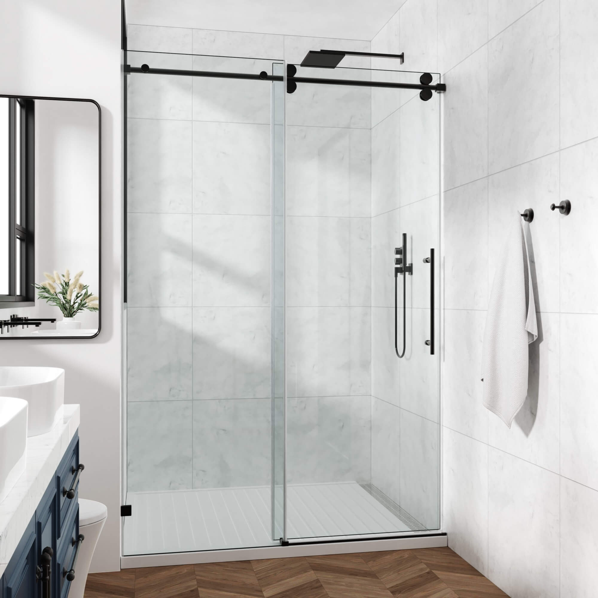 Frameless Glass Shower Door 54 x 76 Inch Sliding Shower Door 10 mm SGCC Tempered Glass with Handle and Seal Strips No Leak Design