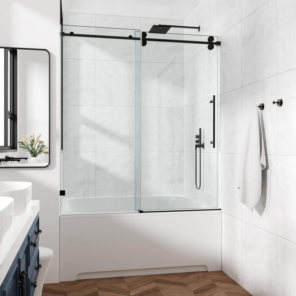 Frameless Glass Shower Door 54 x 76 Inch Sliding Shower Door 10 mm SGCC Tempered Glass with Handle and Seal Strips No Leak Design