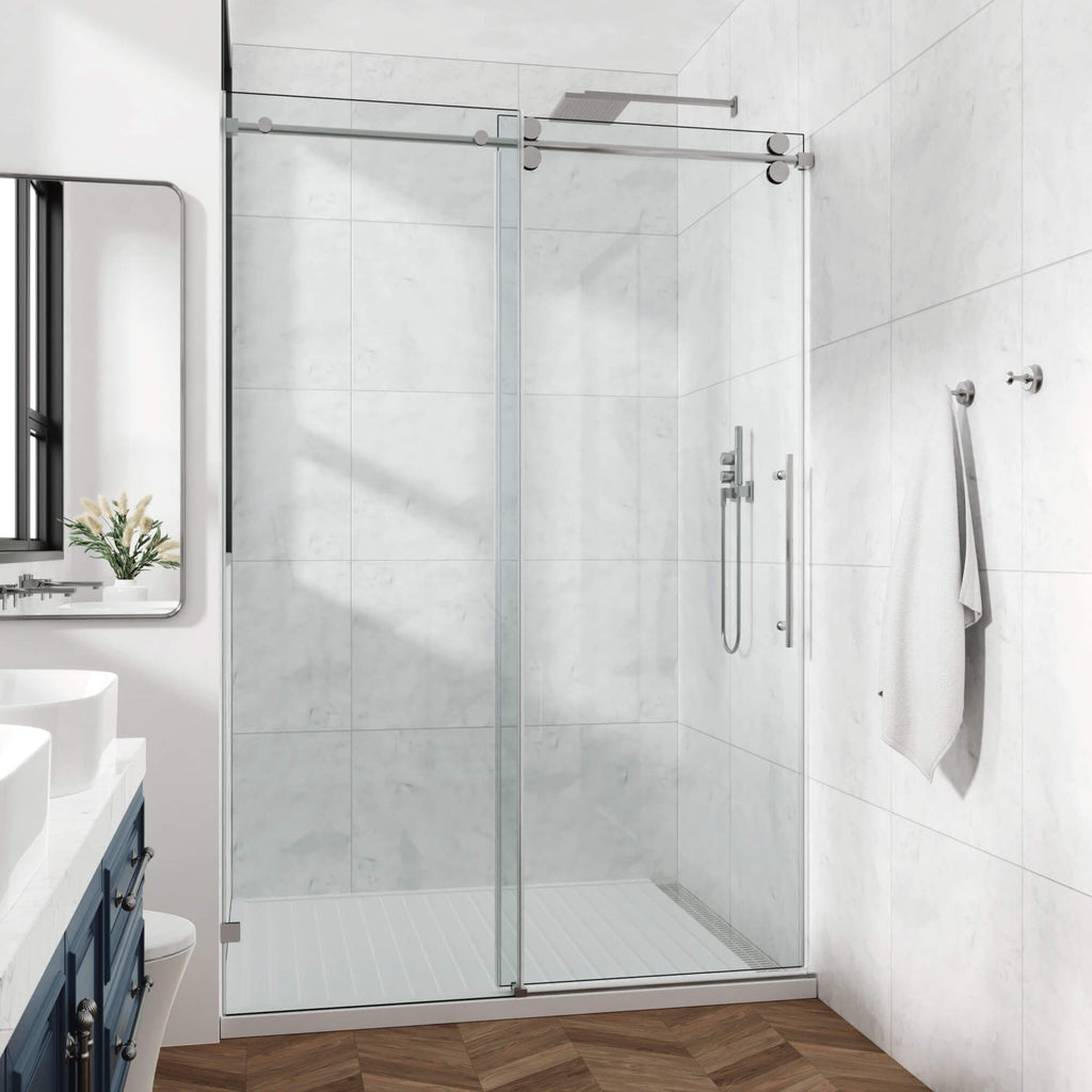 Frameless Glass Shower Door 54 x 76 Inch Sliding Shower Door 10 mm SGCC Tempered Glass with Handle and Seal Strips No Leak Design