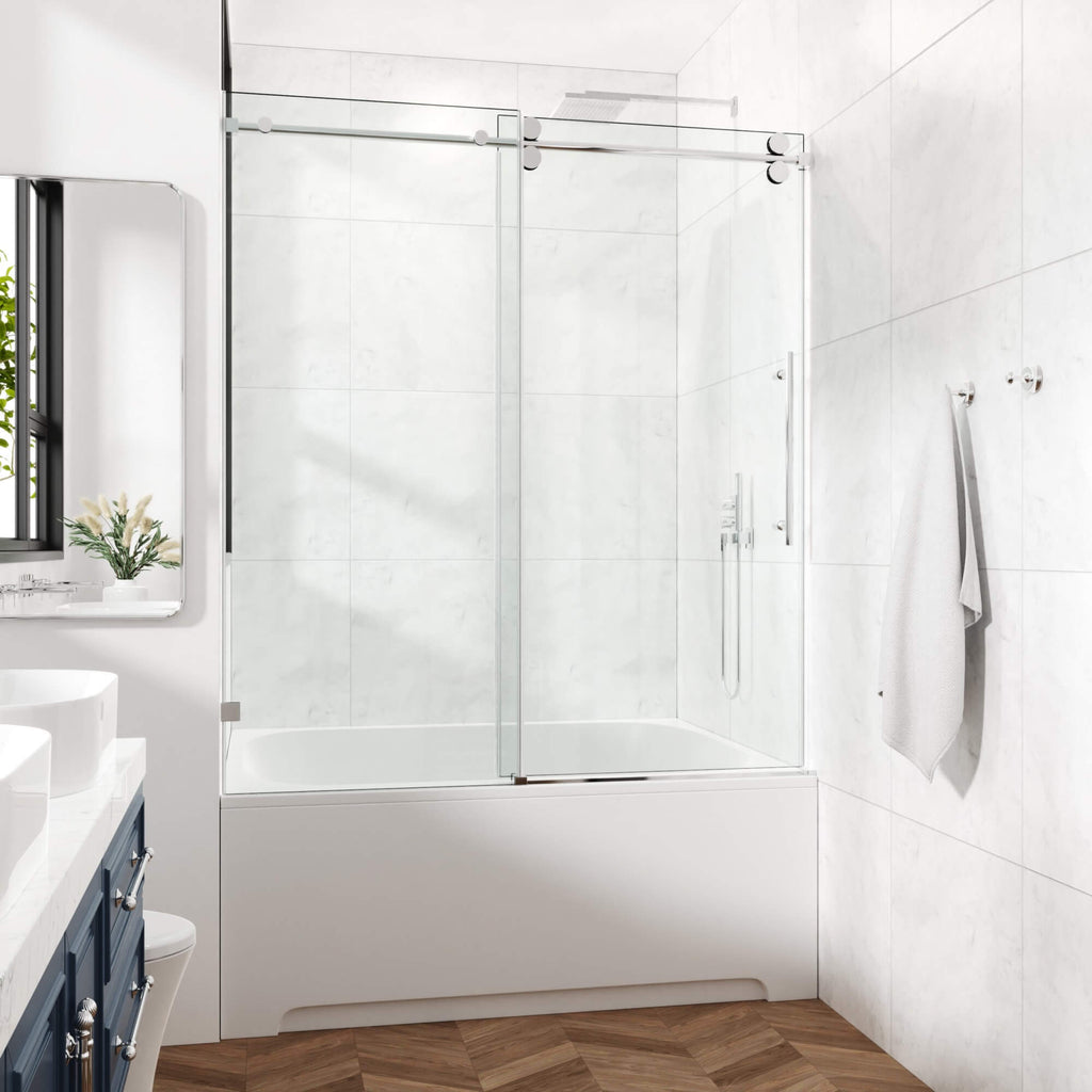 Frameless Glass Shower Door 54 x 76 Inch Sliding Shower Door 10 mm SGCC Tempered Glass with Handle and Seal Strips No Leak Design