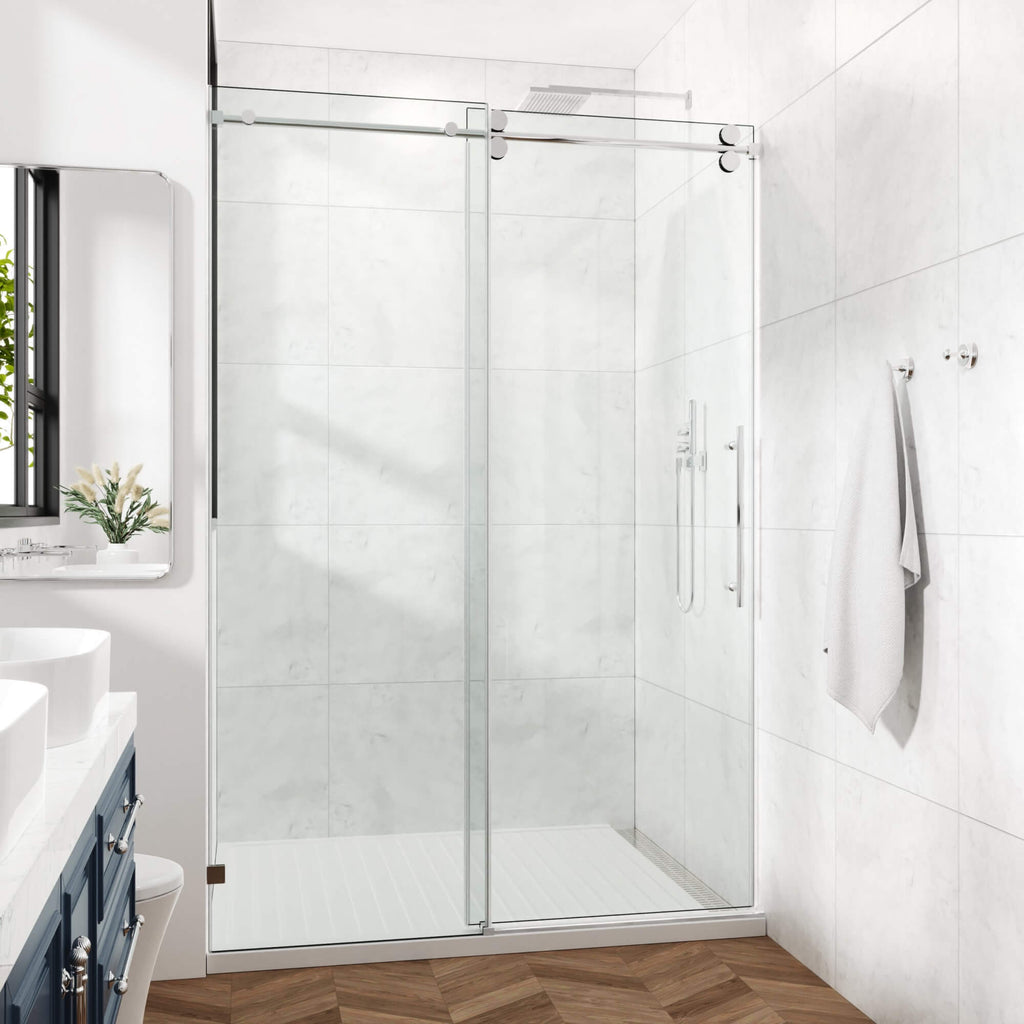 Frameless Glass Shower Door 54 x 76 Inch Sliding Shower Door 10 mm SGCC Tempered Glass with Handle and Seal Strips No Leak Design