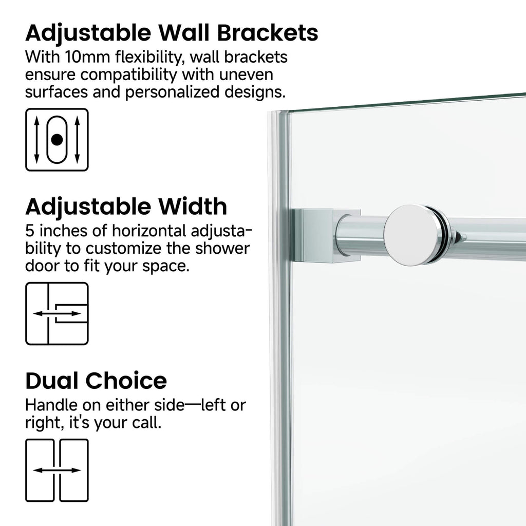 Frameless Glass Shower Door 54 x 76 Inch Sliding Shower Door 10 mm SGCC Tempered Glass with Handle and Seal Strips No Leak Design