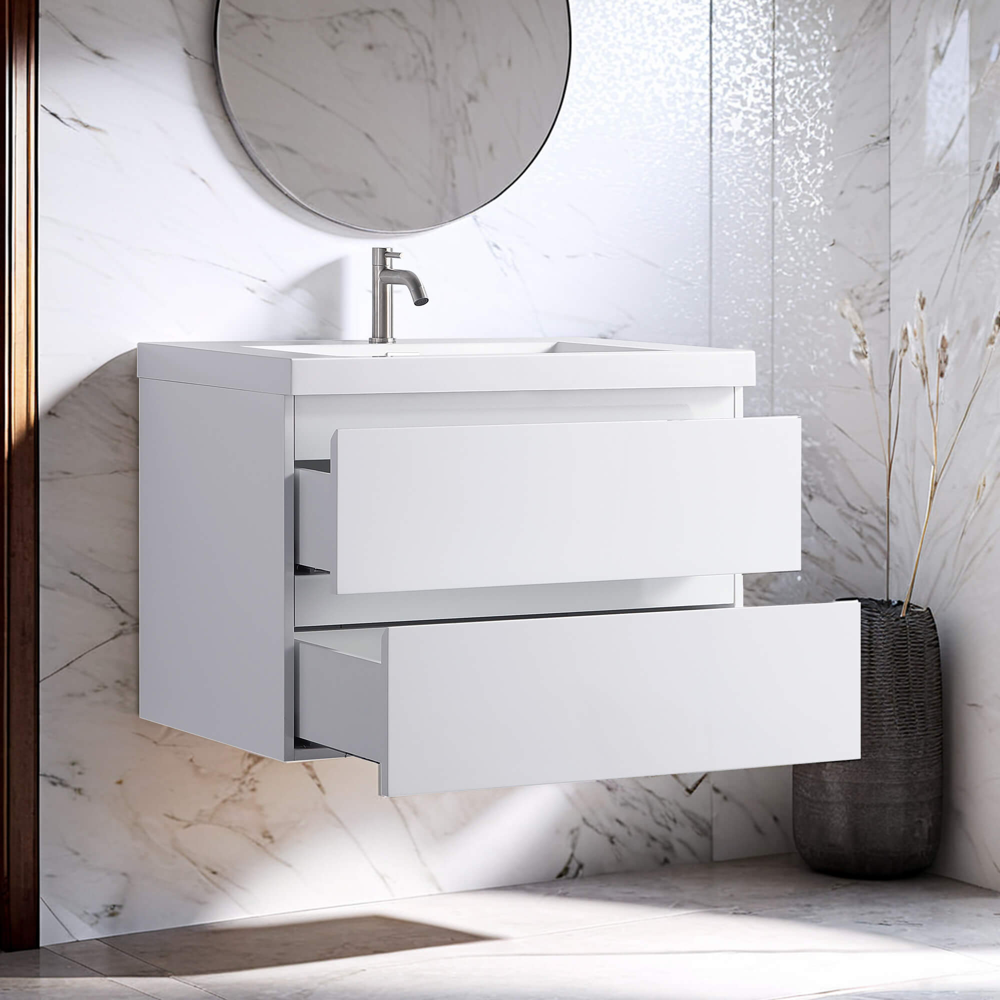 Minimalist 30-Inch Floating Vanity in Gloss White with Dual Storage Drawers