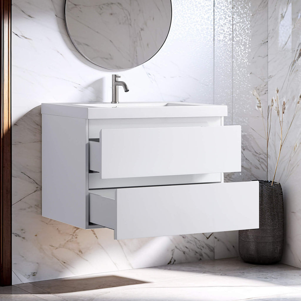 Minimalist 30-Inch Floating Vanity in Gloss White with Dual Storage Drawers