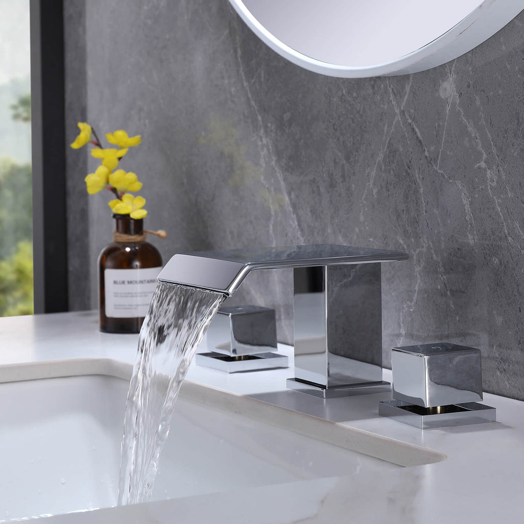 Waterfall Bathroom Faucet Solid Brass Widespread 3-Hole Vanity Tap