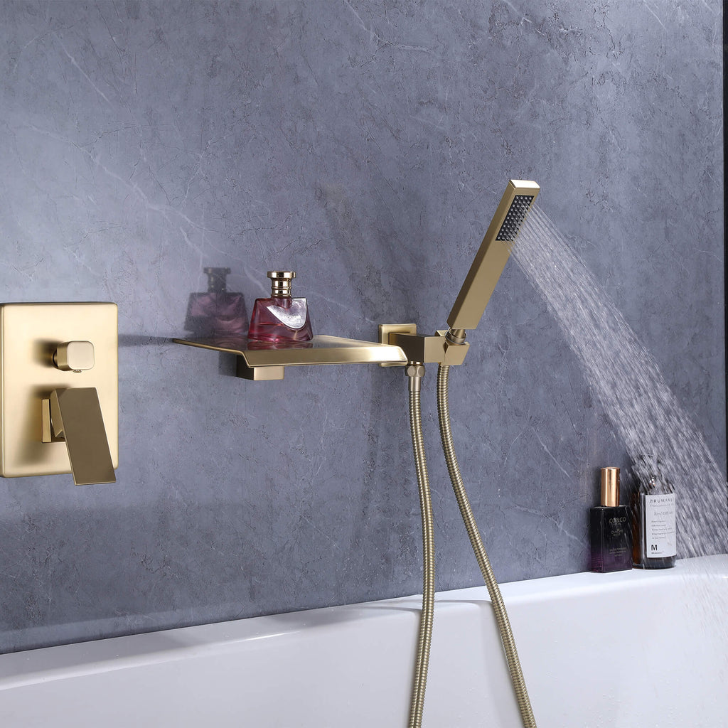 Wall-Mounted Waterfall Tub Filler with Shower Wand and Clean Minimal Design