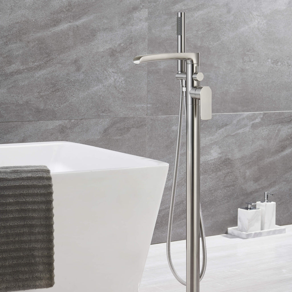 Freestanding Tub Filler with Waterfall Spout and Shower Wand Attachment