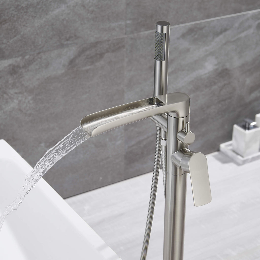 Freestanding Tub Filler with Waterfall Spout and Shower Wand Attachment