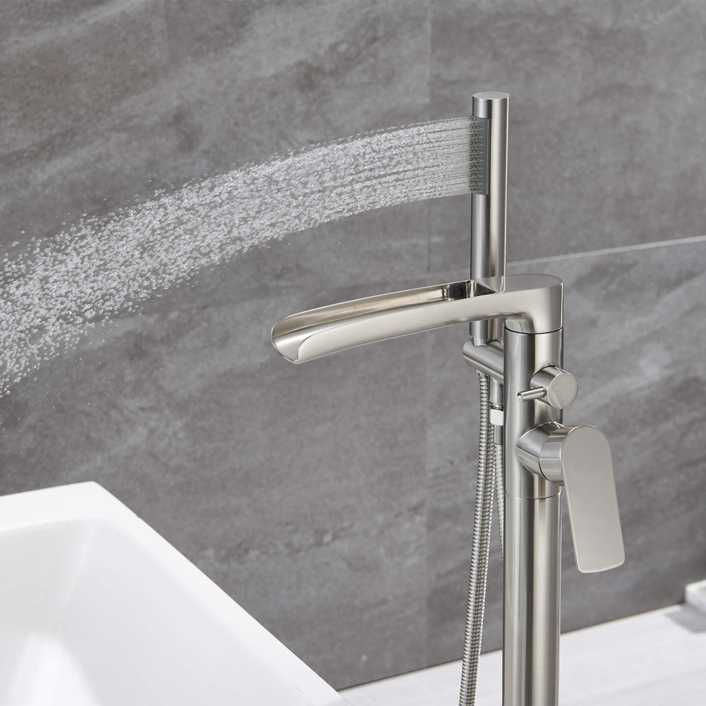 Freestanding Tub Filler with Waterfall Spout and Shower Wand Attachment