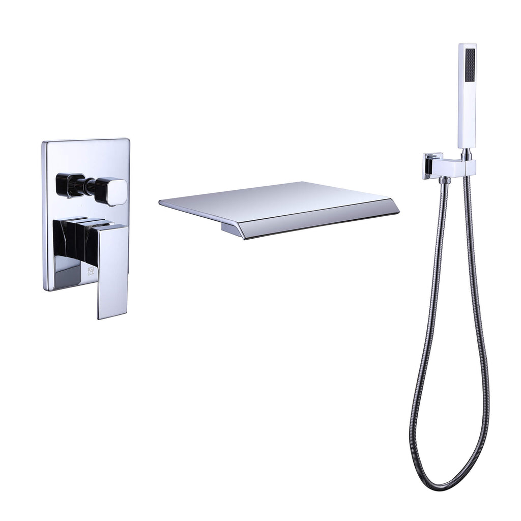 Wall-Mounted Waterfall Tub Filler with Shower Wand and Clean Minimal Design