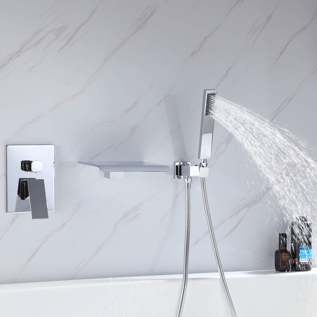 Wall-Mounted Waterfall Tub Filler with Shower Wand and Clean Minimal Design