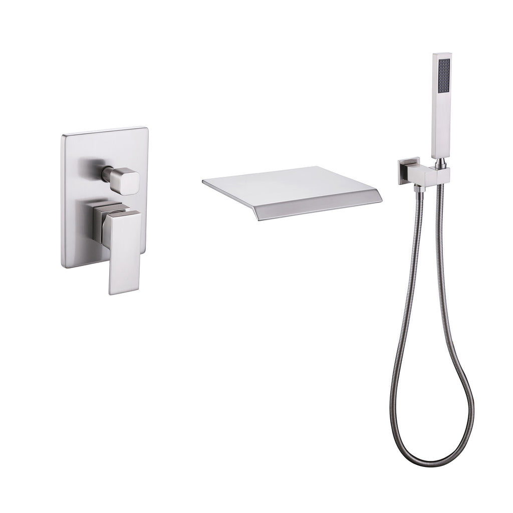 Wall-Mounted Waterfall Tub Filler with Shower Wand and Clean Minimal Design