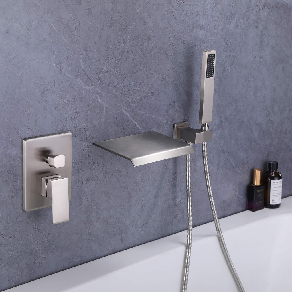 Wall-Mounted Waterfall Tub Filler with Shower Wand and Clean Minimal Design