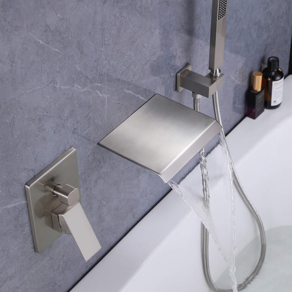 Wall-Mounted Waterfall Tub Filler with Shower Wand and Clean Minimal Design