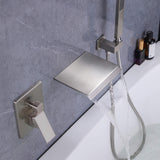 Wall-Mounted Waterfall Tub Filler with Shower Wand and Clean Minimal Design