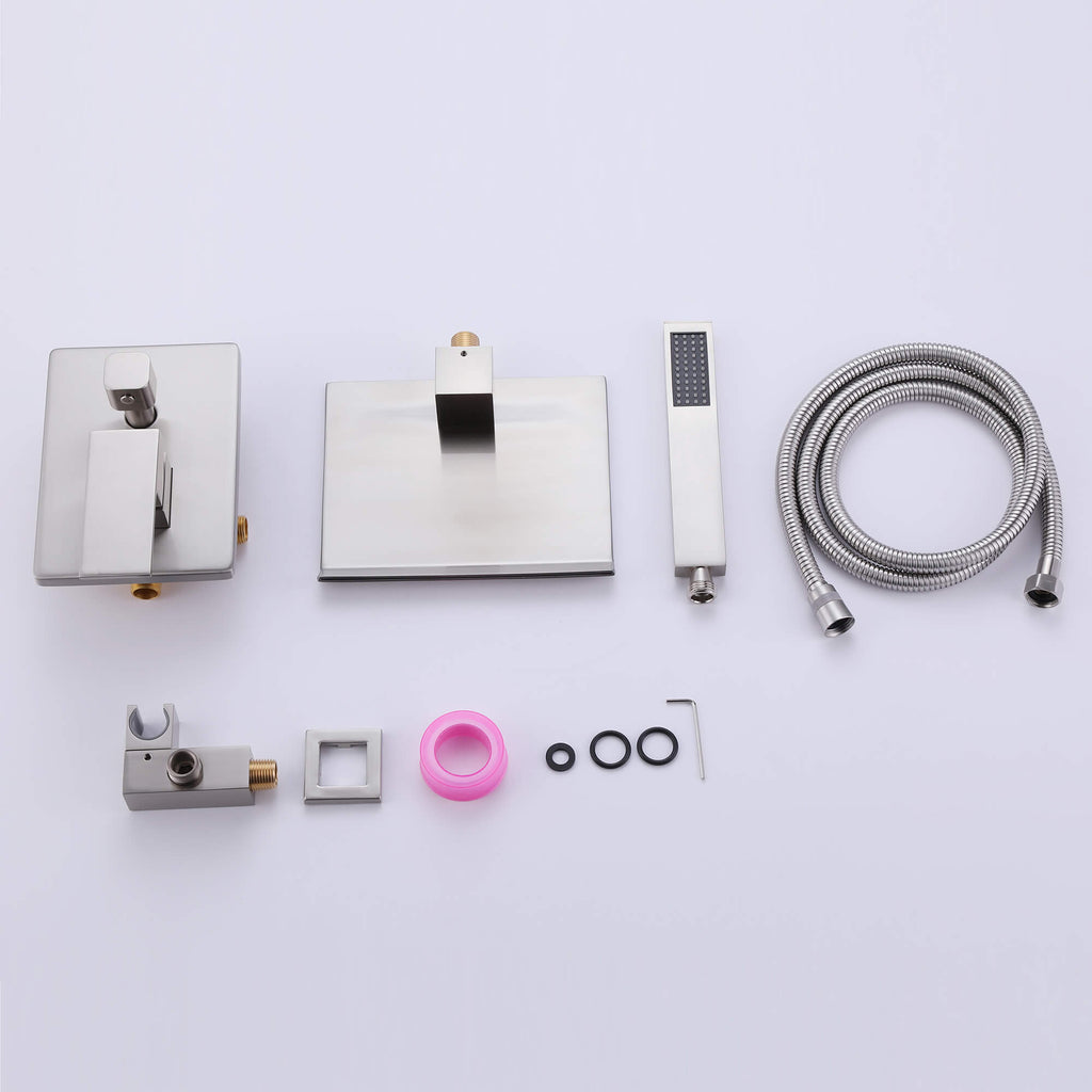 Wall-Mounted Waterfall Tub Filler with Shower Wand and Clean Minimal Design