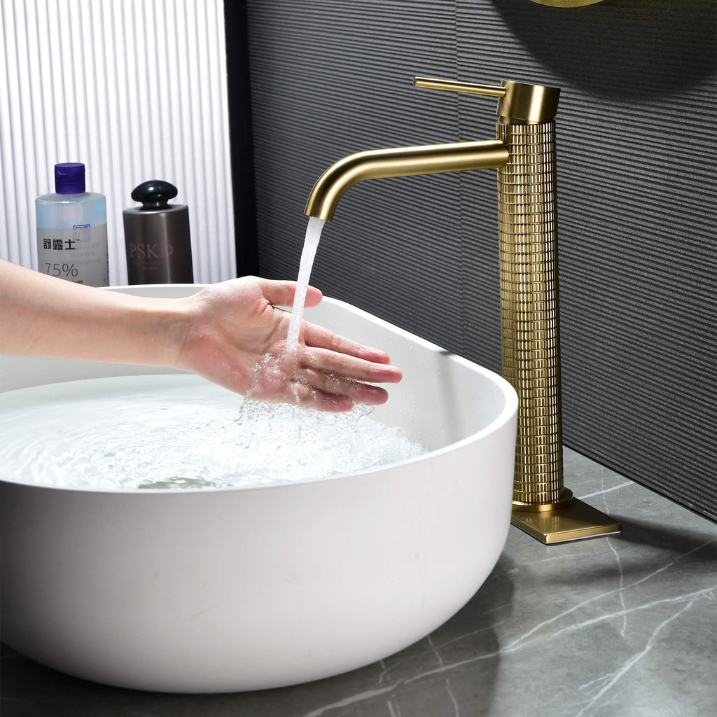 Textured Brass Vessel Sink Faucet with Modern Knurled Body Design