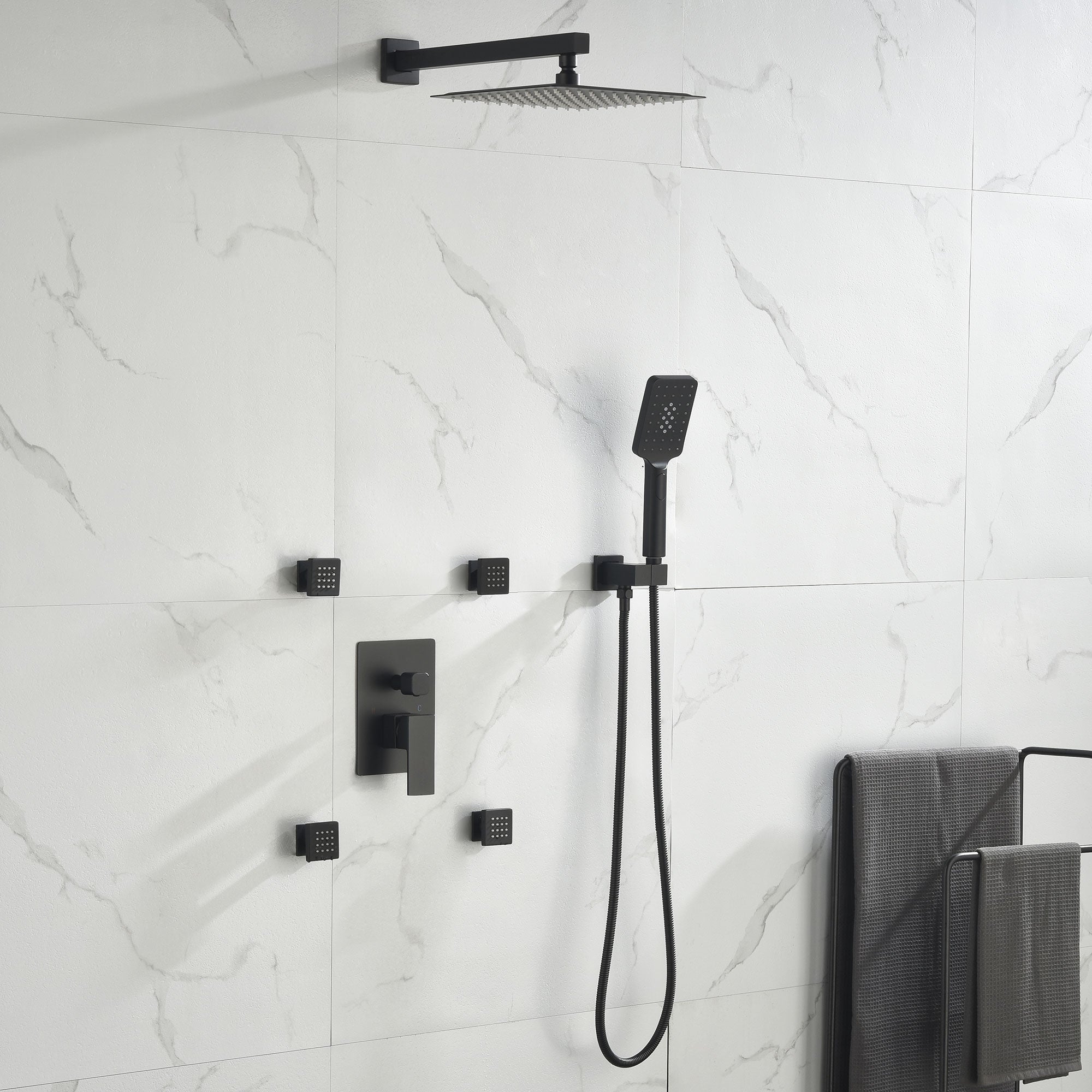 Shower System with 4 Body Jets and Rain Shower Head