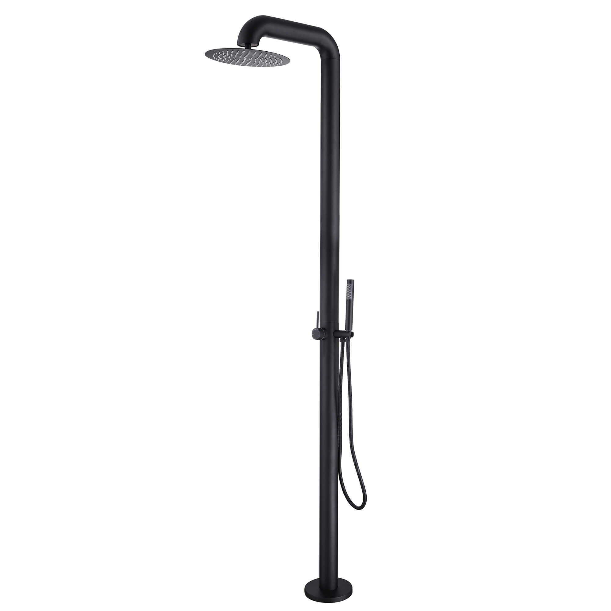 Black outdoor shower with curved pipe, round head, and handheld attachment.