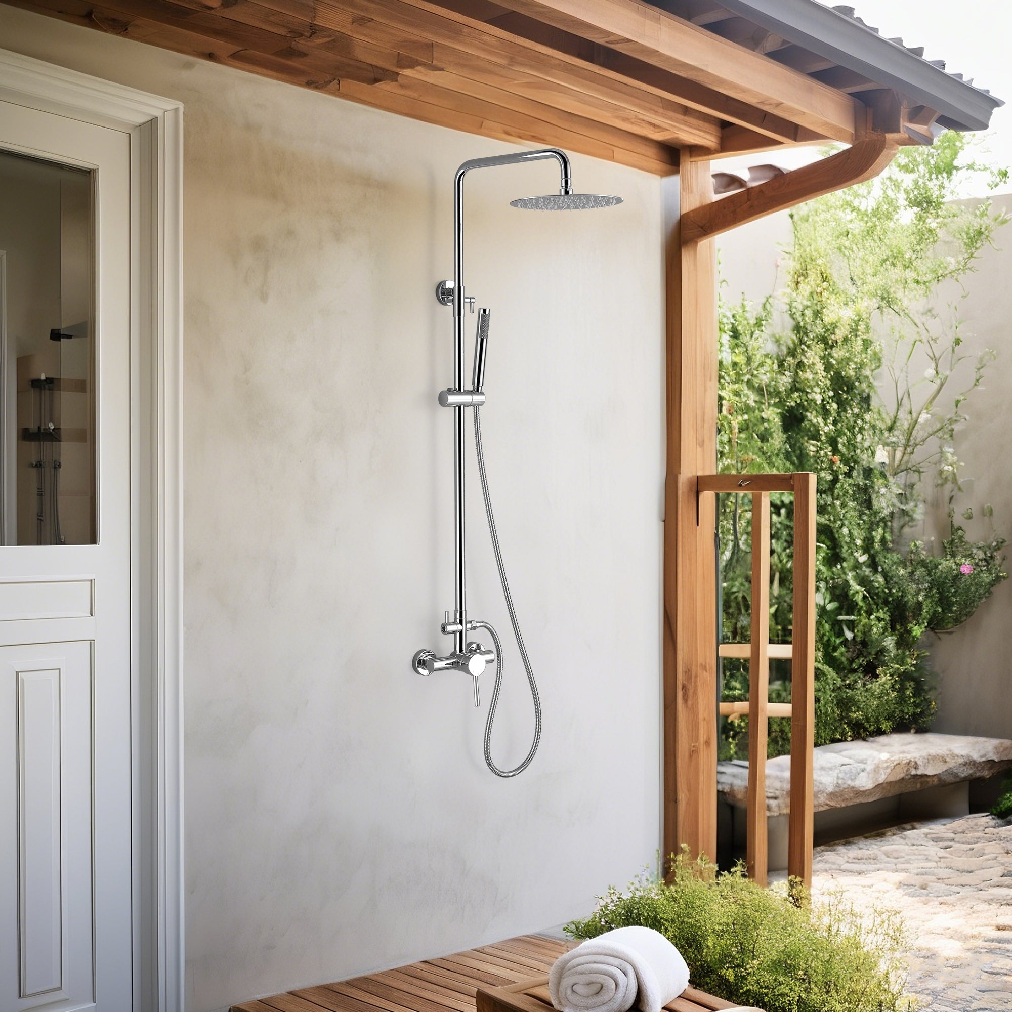 Dua-Function Outdoor Shower with Handheld and Rain Showerhead