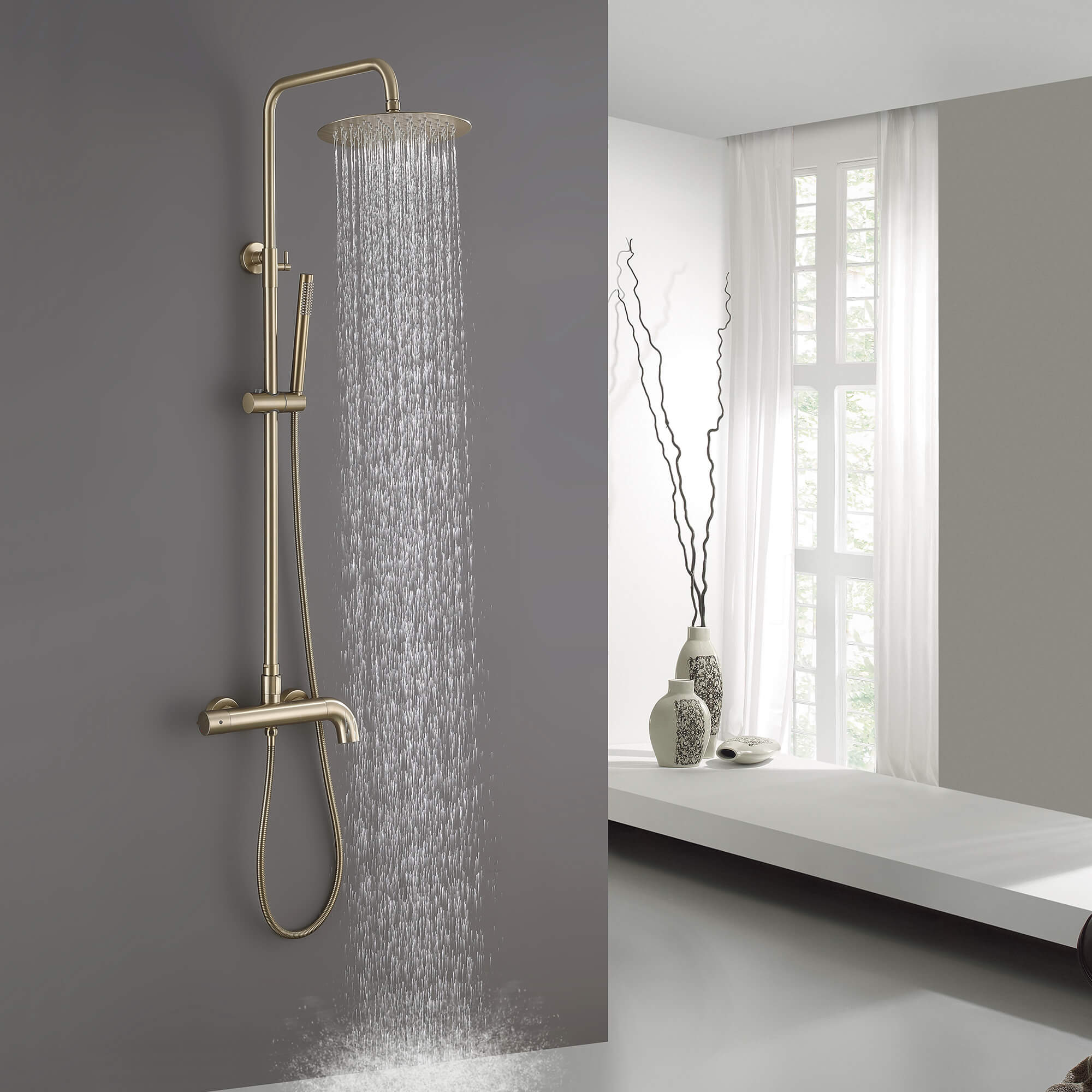Modern Shower System with Adjustable Handheld Rainfall Head and Tub Spout