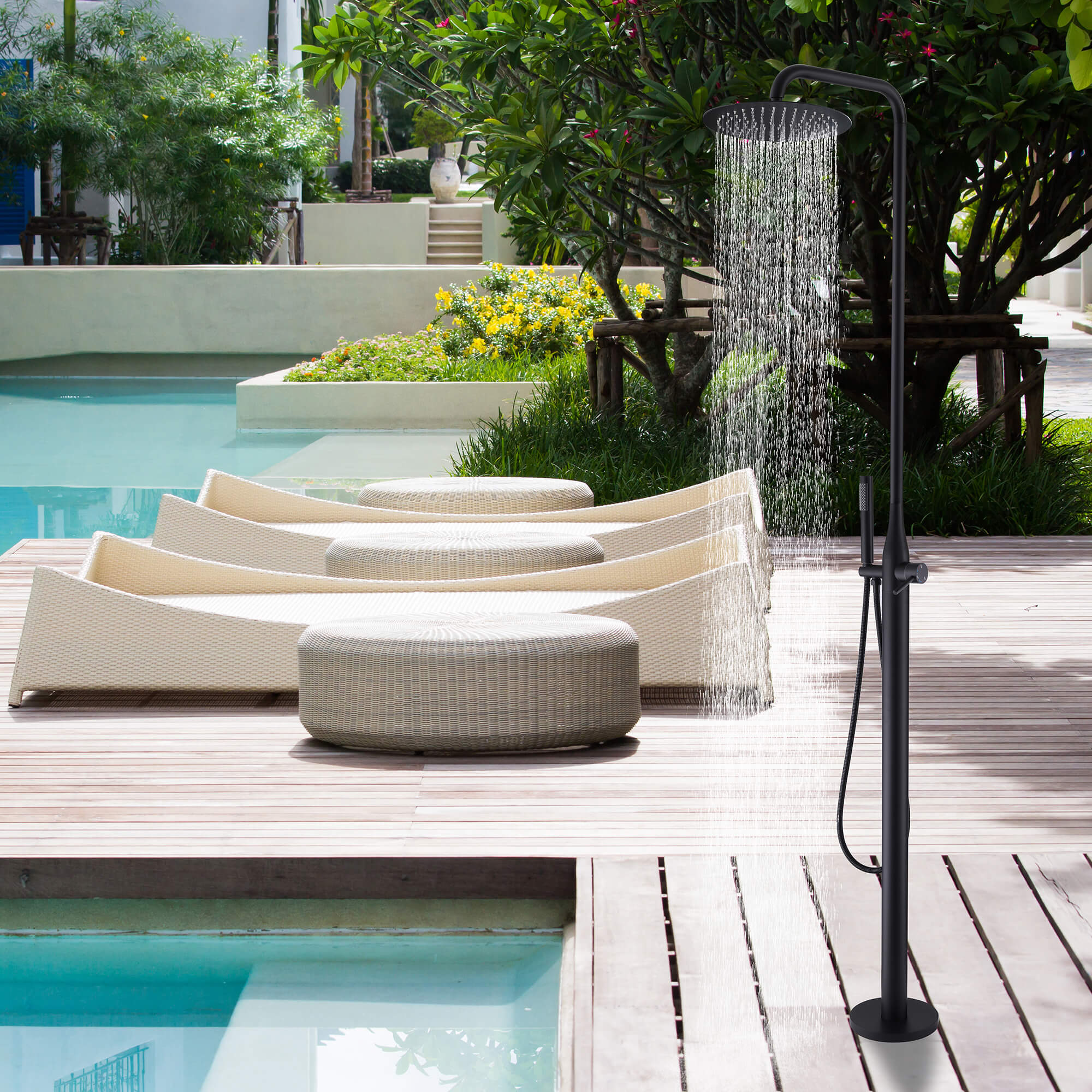 using freestanding outdoor shower