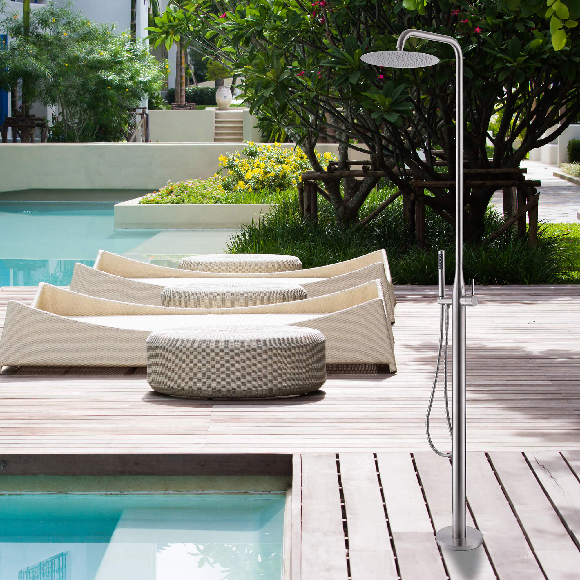Stylish Freestanding Outdoor Shower System for Poolside and Garden Use