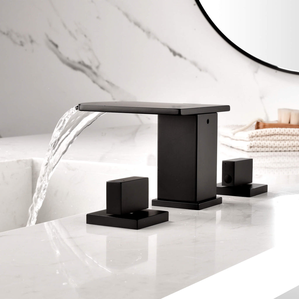 behind waterfall bathroom sink faucet