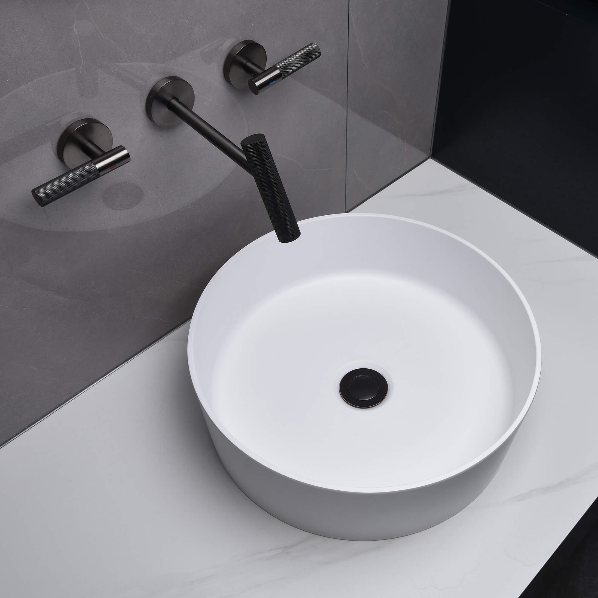 15-Inch Round White Countertop Sink in Matte Stone Finish