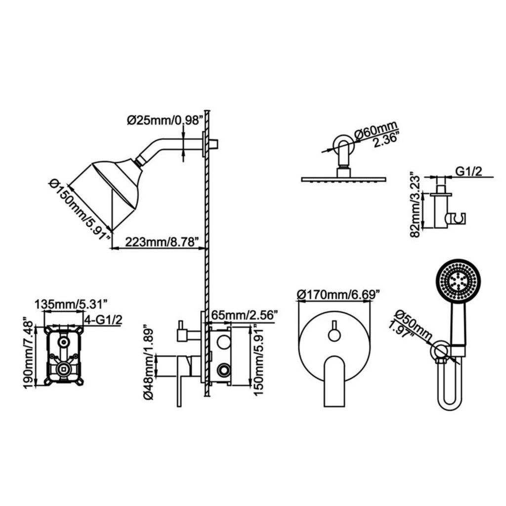 High-Pressure Rainfall Shower System with 5-Function Handheld and Pressure Balance Valve